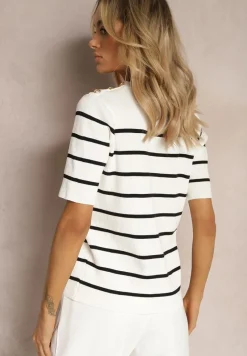 Biała Prążkowana Bluzka z Wiskozy w Paski z Ozdobnymi Guzikami na Ramionach Crea