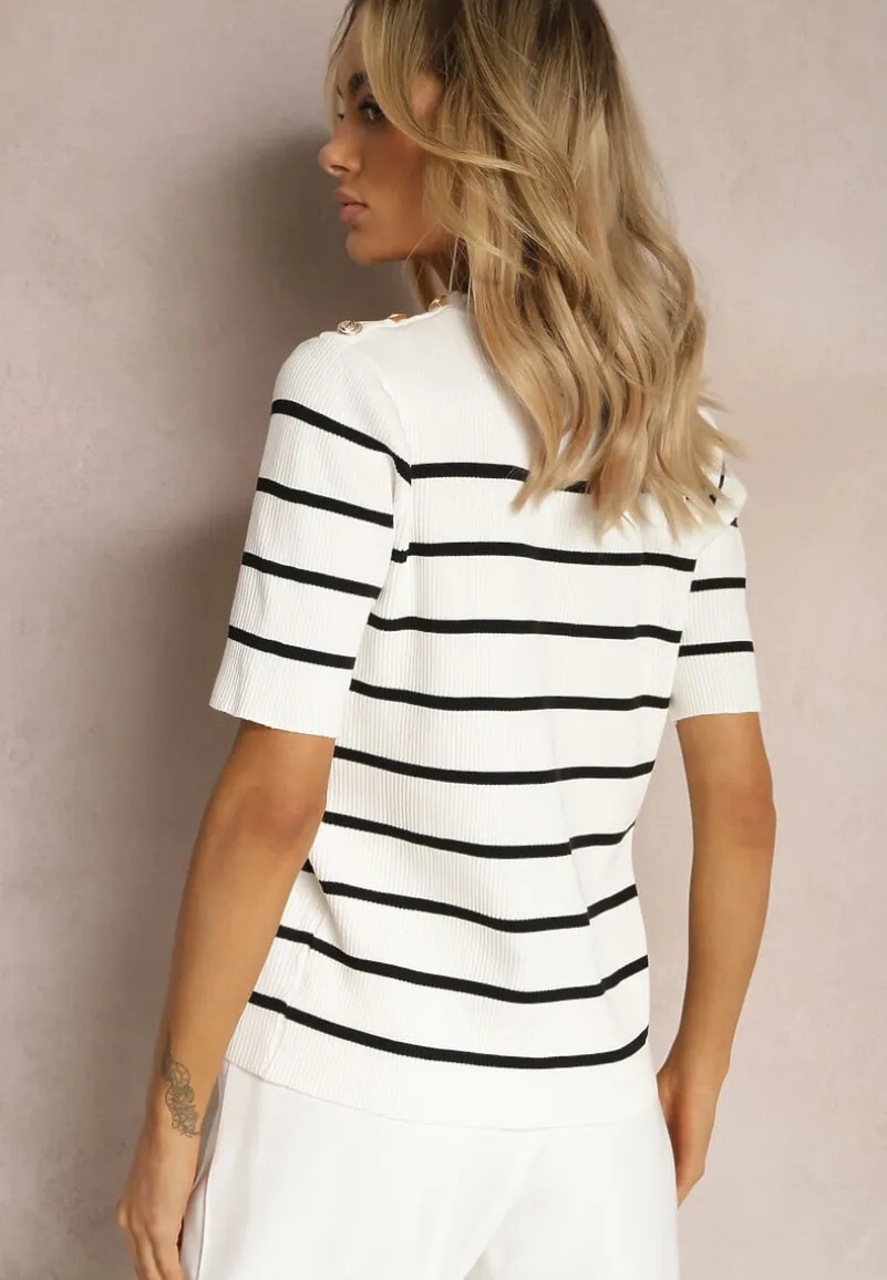 Biała Prążkowana Bluzka z Wiskozy w Paski z Ozdobnymi Guzikami na Ramionach Crea