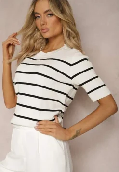 Biała Prążkowana Bluzka z Wiskozy w Paski z Ozdobnymi Guzikami na Ramionach Crea