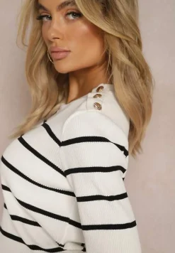Biała Prążkowana Bluzka z Wiskozy w Paski z Ozdobnymi Guzikami na Ramionach Crea