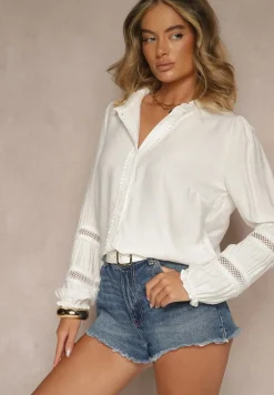 Biała Prosta Koszula z Wiskozy z Ozdobnymi Koronkowymi Wstawkami Cesiola