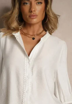 Biała Prosta Koszula z Wiskozy z Ozdobnymi Koronkowymi Wstawkami Cesiola