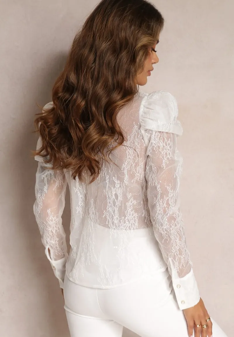 Biała Przezroczysta Koszula z Bufiastymi Rękawami Helunne