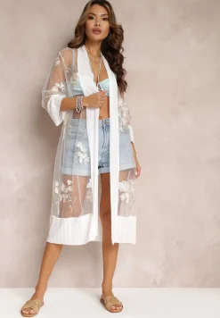 Biała Przezroczysta Narzutka z Rękawem 3/4 i Haftem Calasine