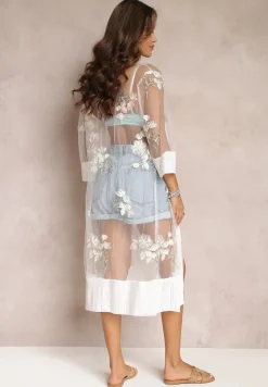 Biała Przezroczysta Narzutka z Rękawem 3/4 i Haftem Calasine