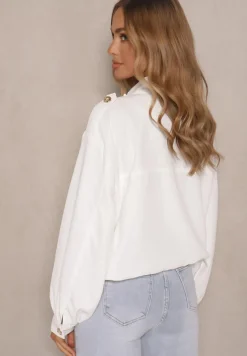 Biała Pudełkowa Kurtka ze Stójką i Troczkiem w Pasie Zdobiona Guzikami Casalla