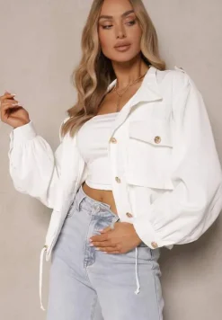 Biała Pudełkowa Kurtka ze Stójką i Troczkiem w Pasie Zdobiona Guzikami Casalla
