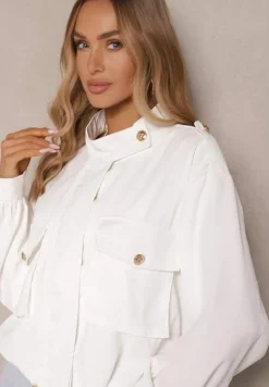 Biała Pudełkowa Kurtka ze Stójką i Troczkiem w Pasie Zdobiona Guzikami Casalla