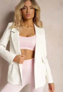 Biała Pudełkowa Marynarka z Ekoskóry Niezapinana z Poduszkami w Ramionach Suniya