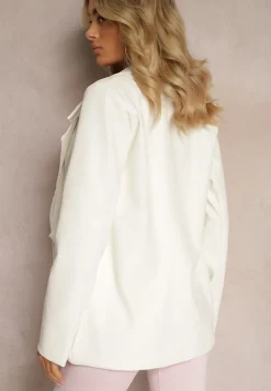 Biała Pudełkowa Marynarka z Ekoskóry Niezapinana z Poduszkami w Ramionach Suniya