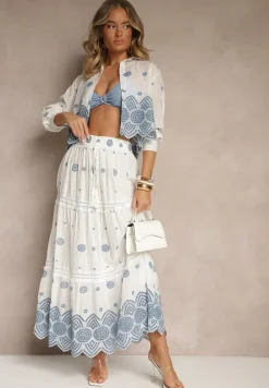 Biała Rozkloszowana Spódnica z Bawełny z Haftowanym Zdobieniem Silamea