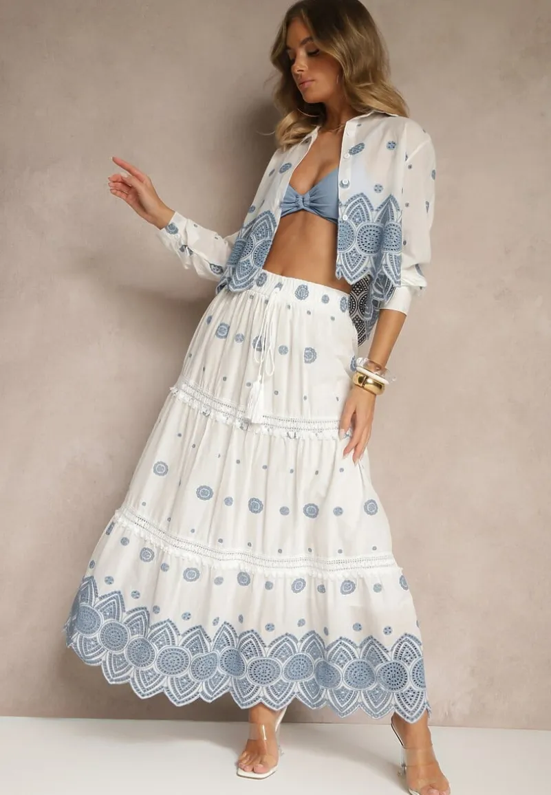 Biała Rozkloszowana Spódnica z Bawełny z Haftowanym Zdobieniem Silamea