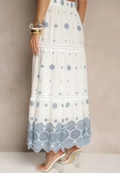 Biała Rozkloszowana Spódnica z Bawełny z Haftowanym Zdobieniem Silamea