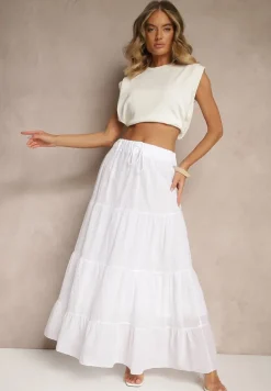 Biała Rozkloszowana Spódnica z Bawełny z Wiązaniem i Gumką w Talii Miloreina