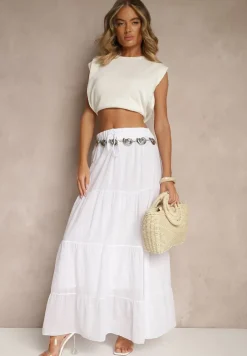 Biała Rozkloszowana Spódnica z Bawełny z Wiązaniem i Gumką w Talii Miloreina