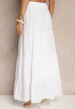 Biała Rozkloszowana Spódnica z Bawełny z Wiązaniem i Gumką w Talii Miloreina