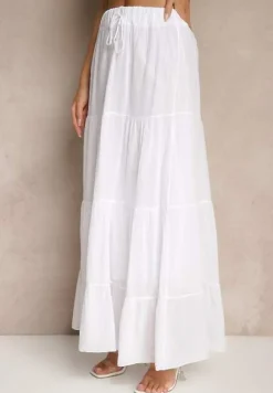 Biała Rozkloszowana Spódnica z Bawełny z Wiązaniem i Gumką w Talii Miloreina