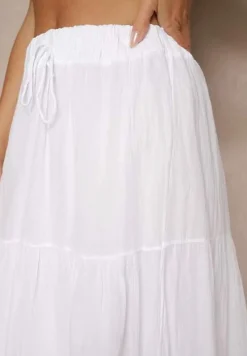 Biała Rozkloszowana Spódnica z Bawełny z Wiązaniem i Gumką w Talii Miloreina