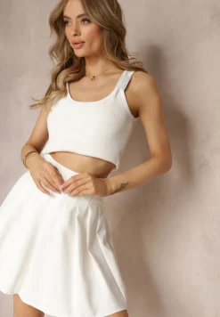 Biała Rozkloszowana Spódnica Mini z Zakładkami Plainnet