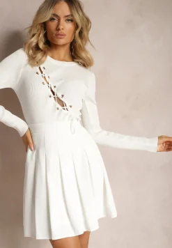 Biała Rozkloszowana Spódnica Zapinana na Zamek Błyskawiczny z Zakładkami Sonarella