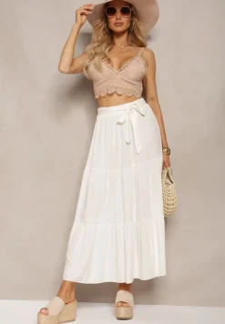 Biała Rozkloszowana Spódnica Maxi z Wiskozy z Materiałowymi Paskami Wintelis