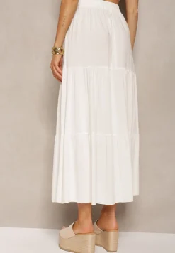 Biała Rozkloszowana Spódnica Maxi z Wiskozy z Materiałowymi Paskami Wintelis
