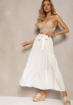 Biała Rozkloszowana Spódnica Maxi z Wiskozy z Materiałowymi Paskami Wintelis