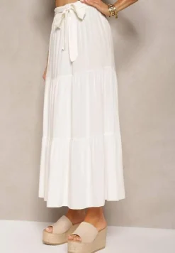 Biała Rozkloszowana Spódnica Maxi z Wiskozy z Materiałowymi Paskami Wintelis
