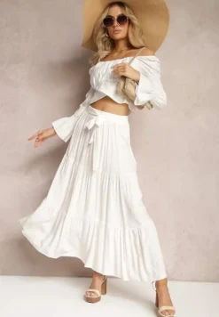 Biała Rozkloszowana Spódnica Maxi z Wiskozy z Materiałowymi Paskami Wintelis