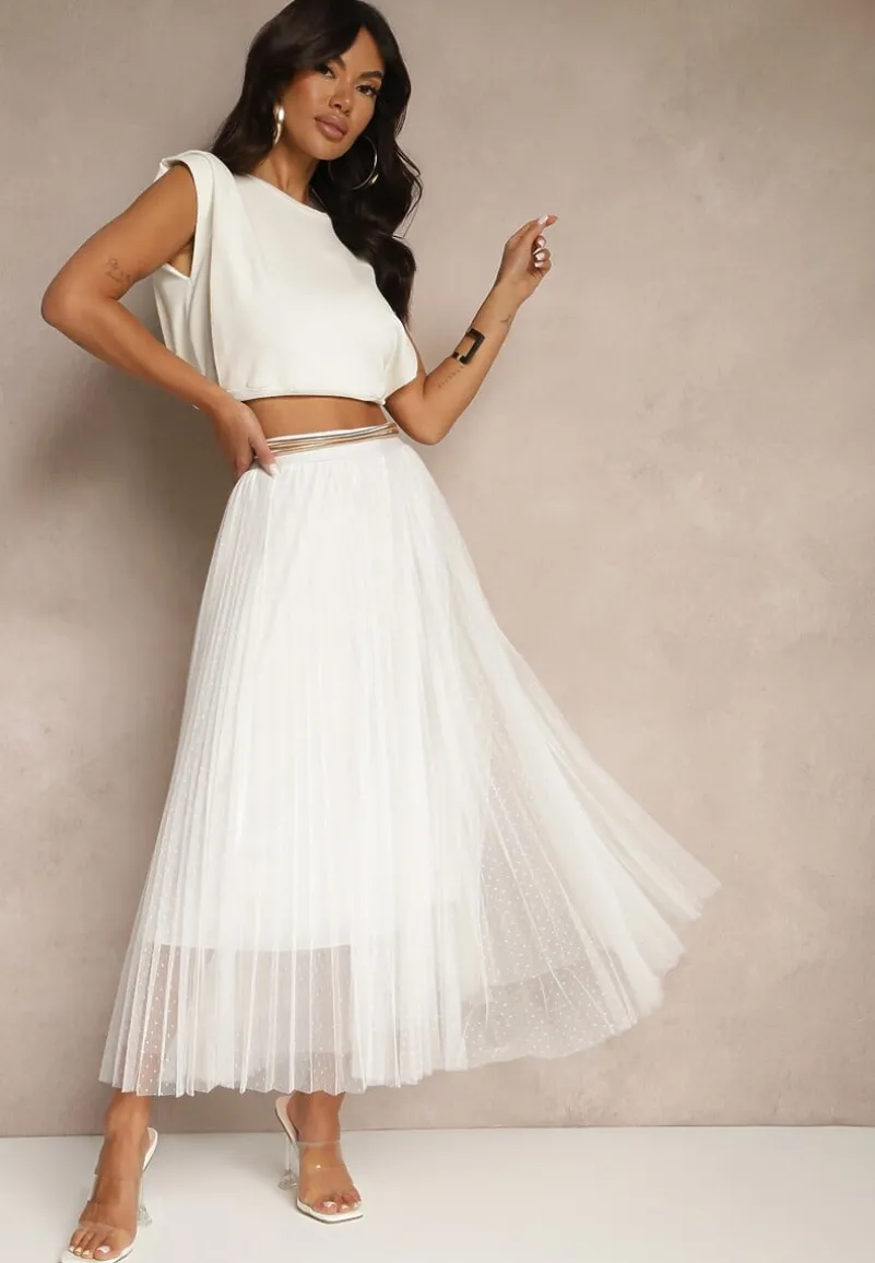 Biała Rozkloszowana Spódnica z Tiulu w Kropki Folemia