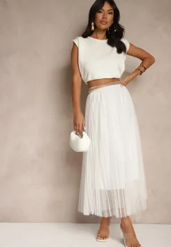 Biała Rozkloszowana Spódnica z Tiulu w Kropki Folemia
