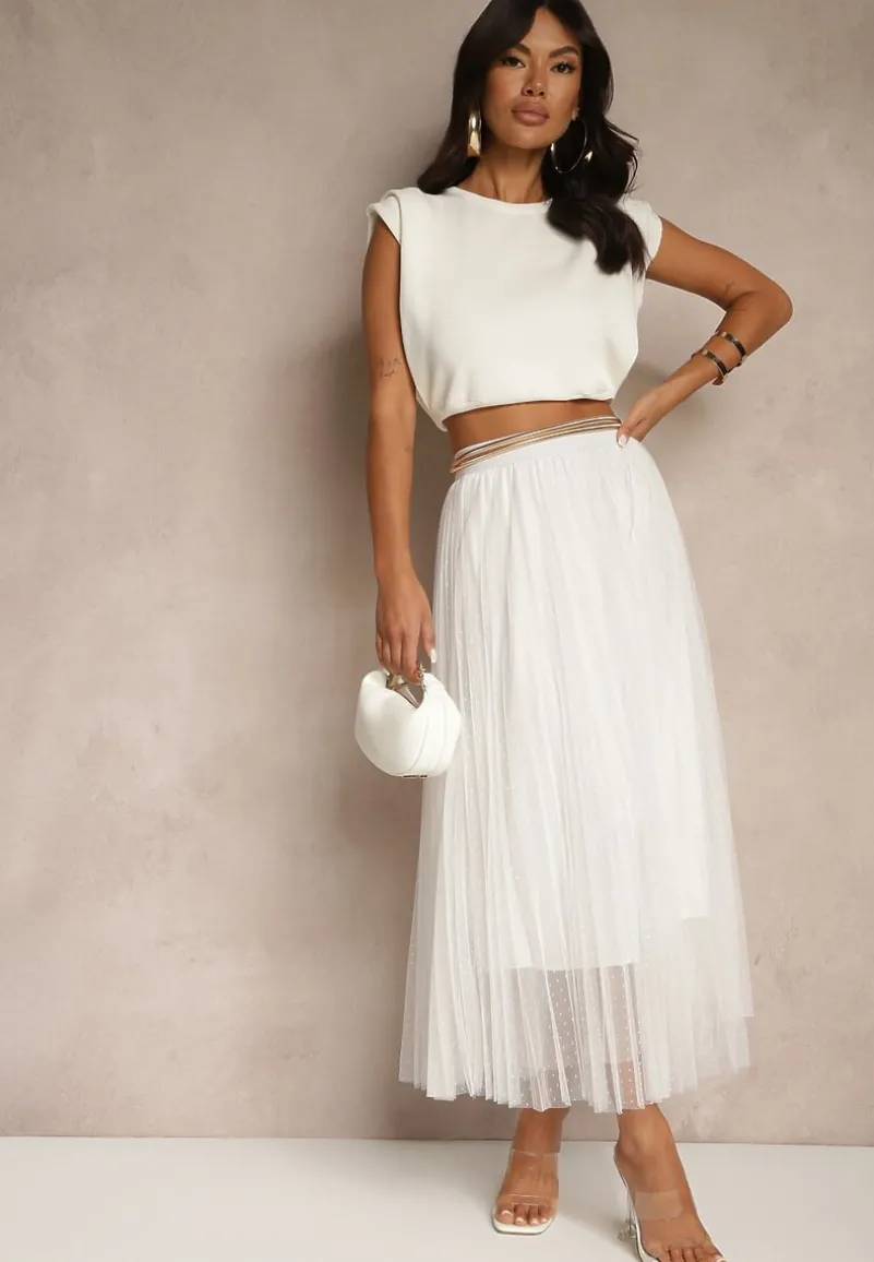 Biała Rozkloszowana Spódnica z Tiulu w Kropki Folemia