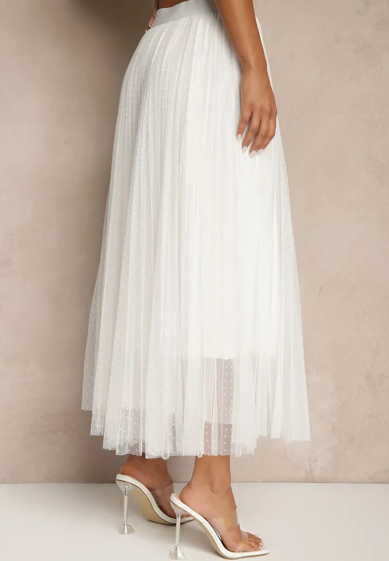 Biała Rozkloszowana Spódnica z Tiulu w Kropki Folemia