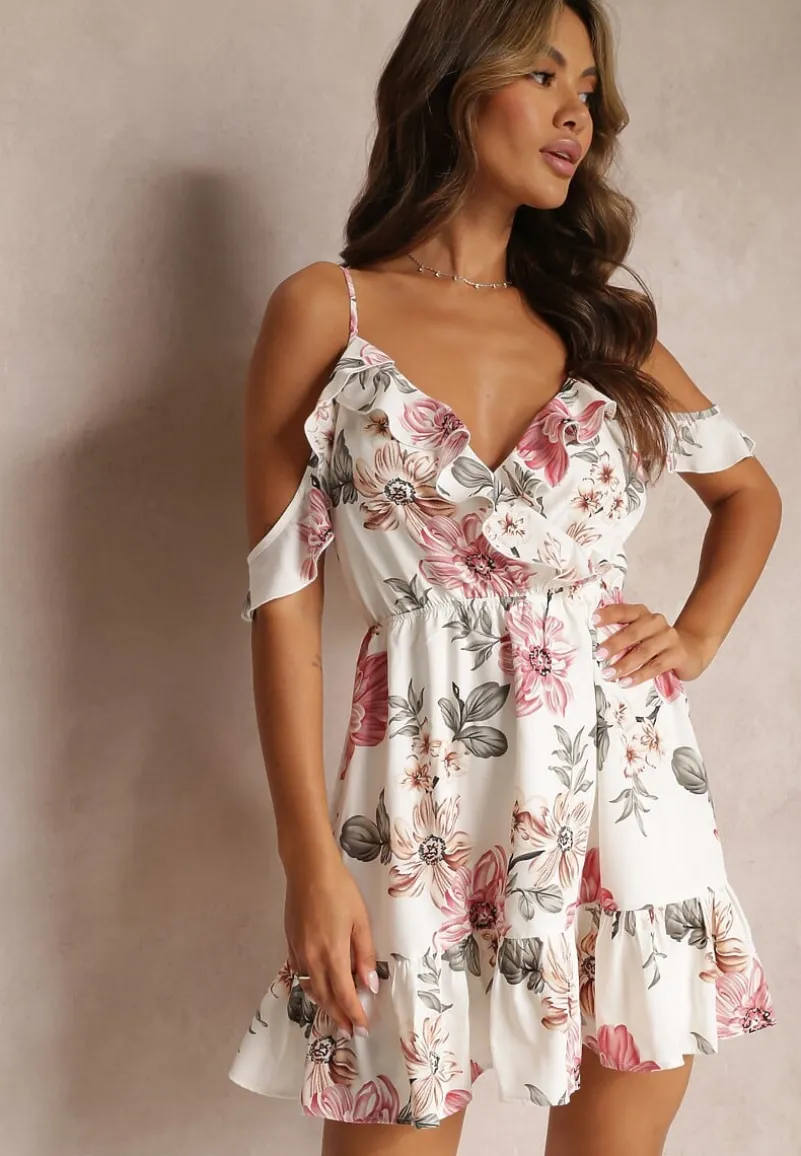 Biała Rozkloszowana Sukienka w Kwiaty z Falbanami Nonare