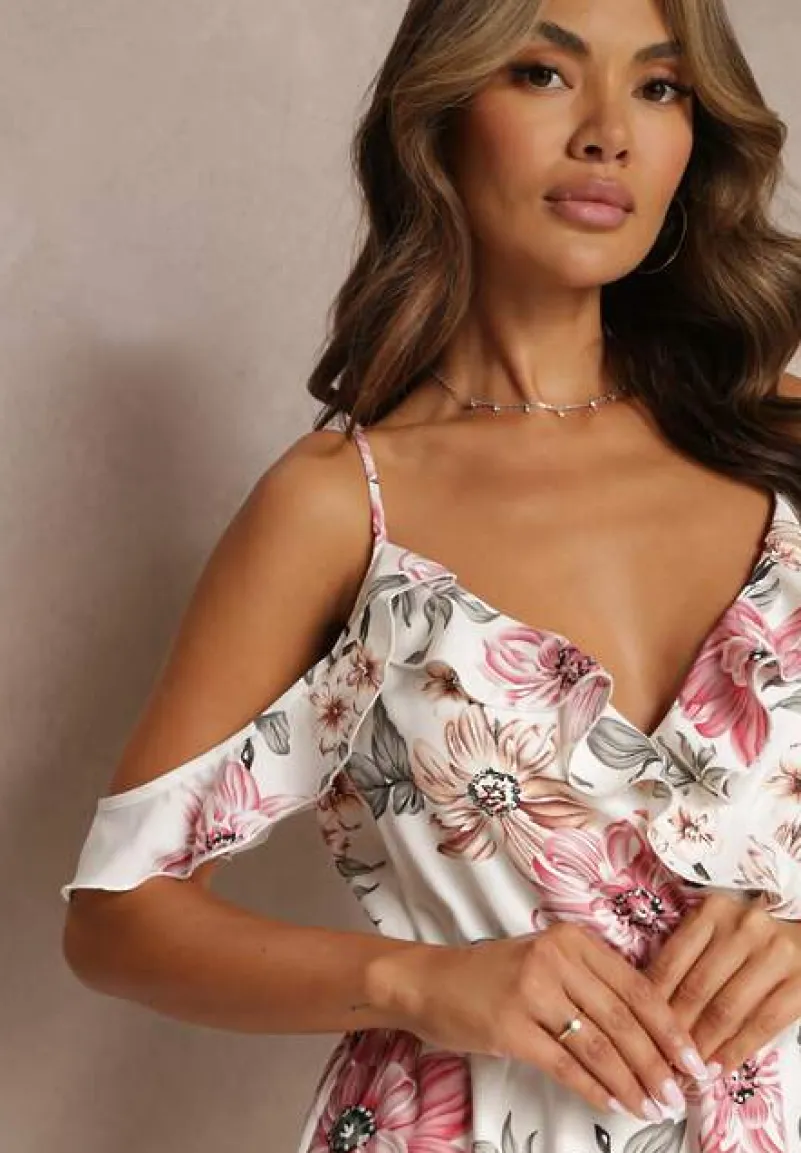 Biała Rozkloszowana Sukienka w Kwiaty z Falbanami Nonare