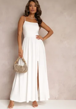 Biała Rozkloszowana Sukienka Maxi na Cienkich Ramiączkach z Rozporkiem Weslyn