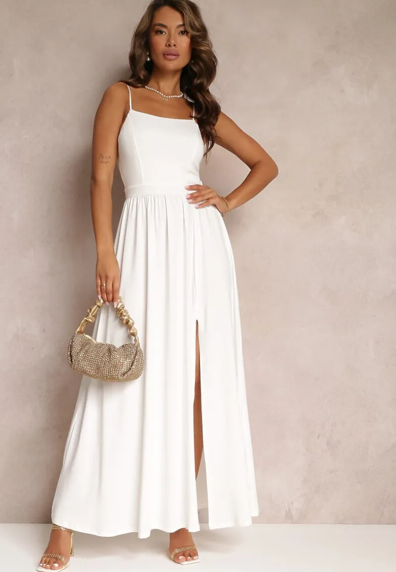 Biała Rozkloszowana Sukienka Maxi na Cienkich Ramiączkach z Rozporkiem Weslyn