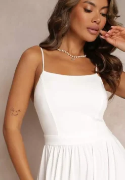 Biała Rozkloszowana Sukienka Maxi na Cienkich Ramiączkach z Rozporkiem Weslyn