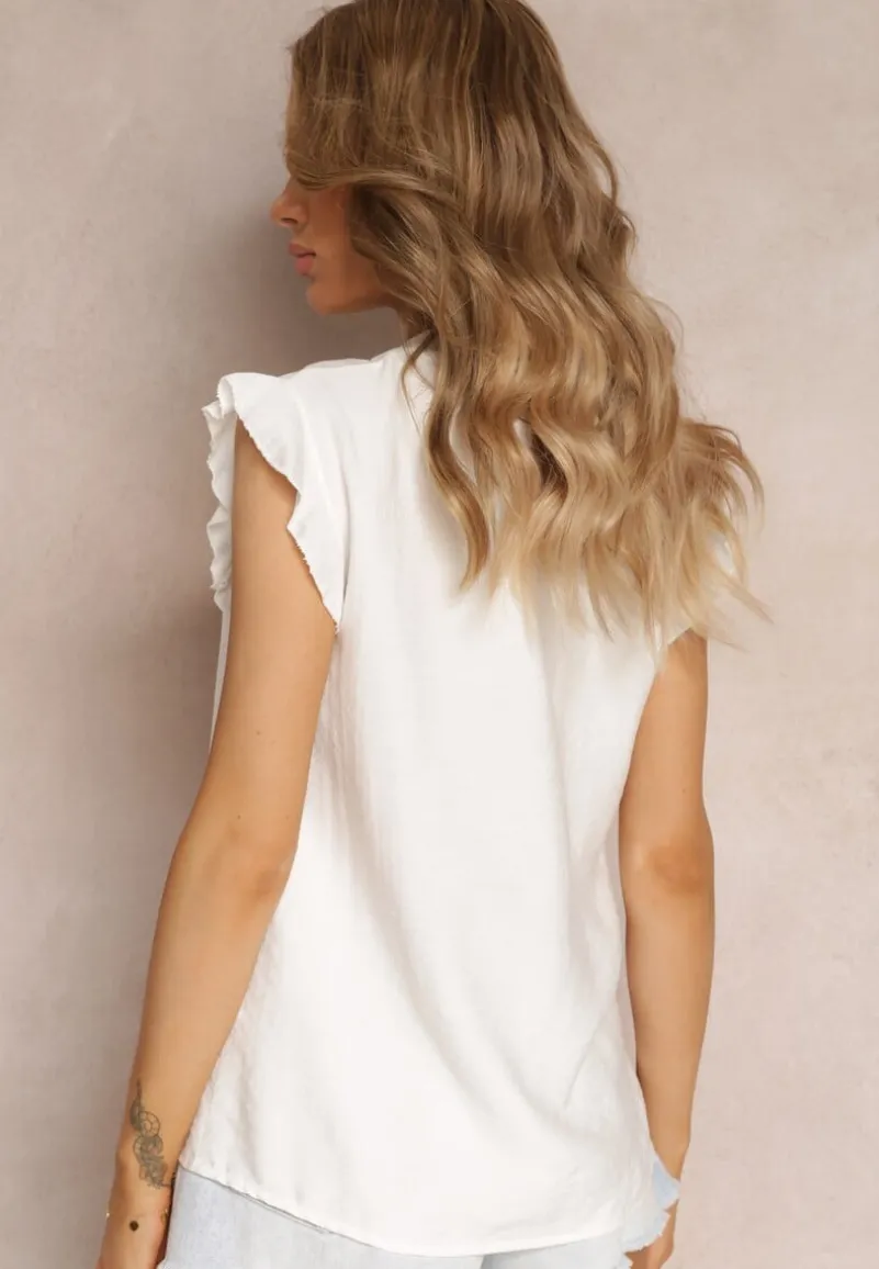 Biała Rozszerzana Bluzka Top z Wiązaniem przy Dekolcie Anga