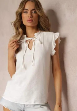 Biała Rozszerzana Bluzka Top z Wiązaniem przy Dekolcie Anga