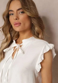 Biała Rozszerzana Bluzka Top z Wiązaniem przy Dekolcie Anga