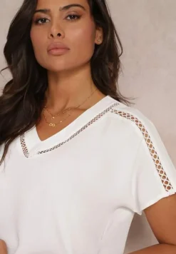 Biała Rozszerzana Bluzka z Krótkimi Rękawami i Ażurowymi Taśmami Zaylor