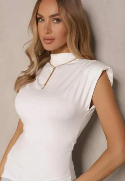 Biała Satynowa Bluzka z Wiskozą z Usztywnioną Linią Ramion Asidisa