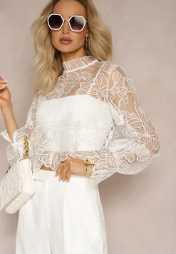 Biała Siateczkowa Bluzka ze Stójką z Haftowanym Kwiatowym Wzorem Alerfia