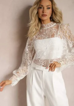 Biała Siateczkowa Bluzka ze Stójką z Haftowanym Kwiatowym Wzorem Alerfia