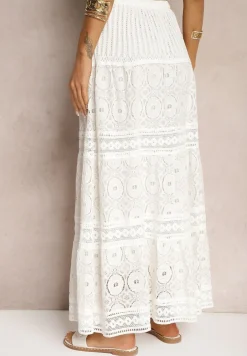 Biała Spódnica Maxi z Gumką w Pasie i Koronkowymi Wstawkami Brayle