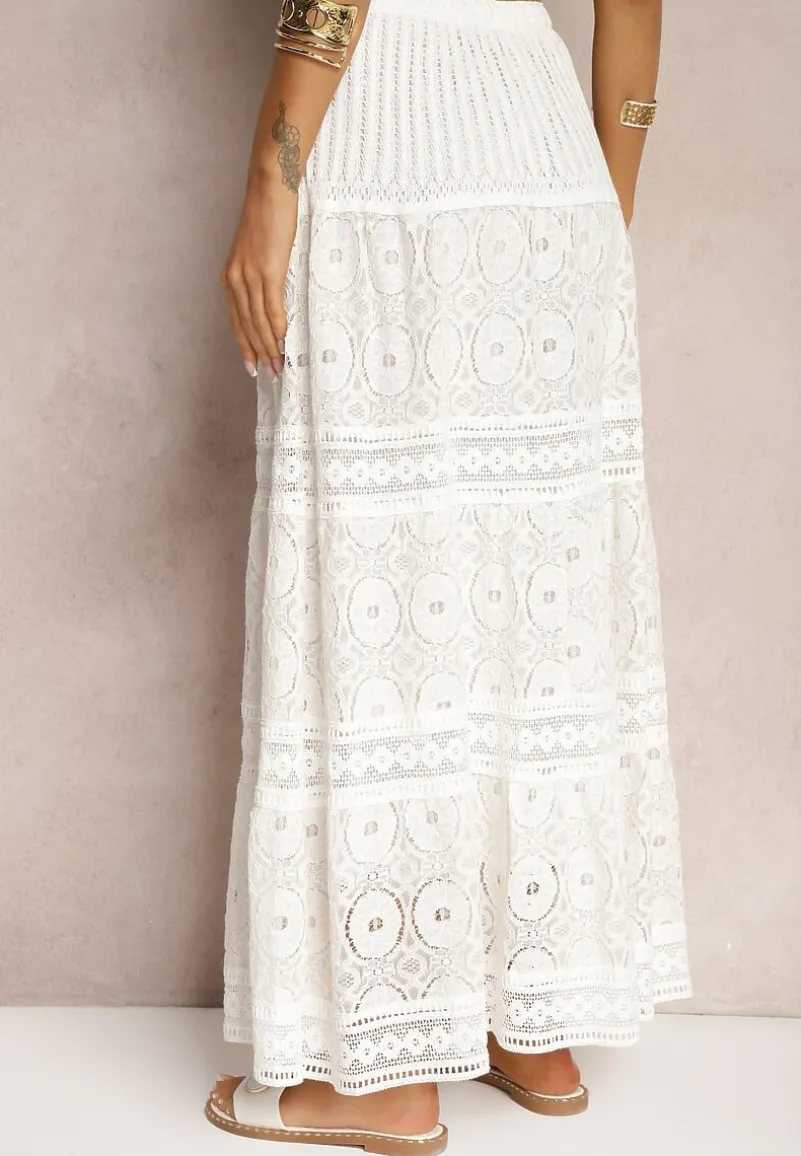 Biała Spódnica Maxi z Gumką w Pasie i Koronkowymi Wstawkami Brayle
