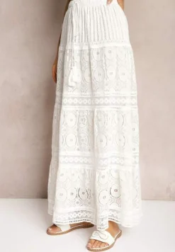 Biała Spódnica Maxi z Gumką w Pasie i Koronkowymi Wstawkami Brayle