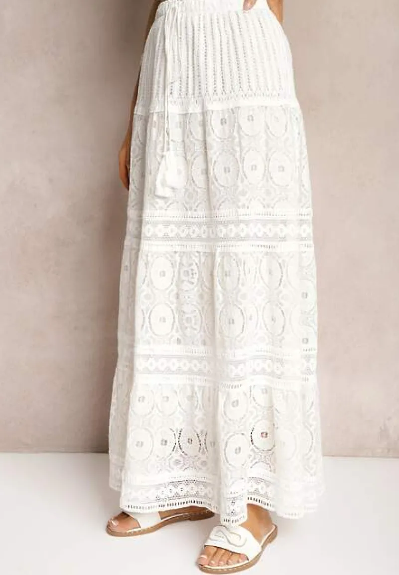 Biała Spódnica Maxi z Gumką w Pasie i Koronkowymi Wstawkami Brayle