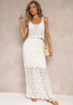 Biała Spódnica Maxi z Szydełkowej Tkaniny Jeslira